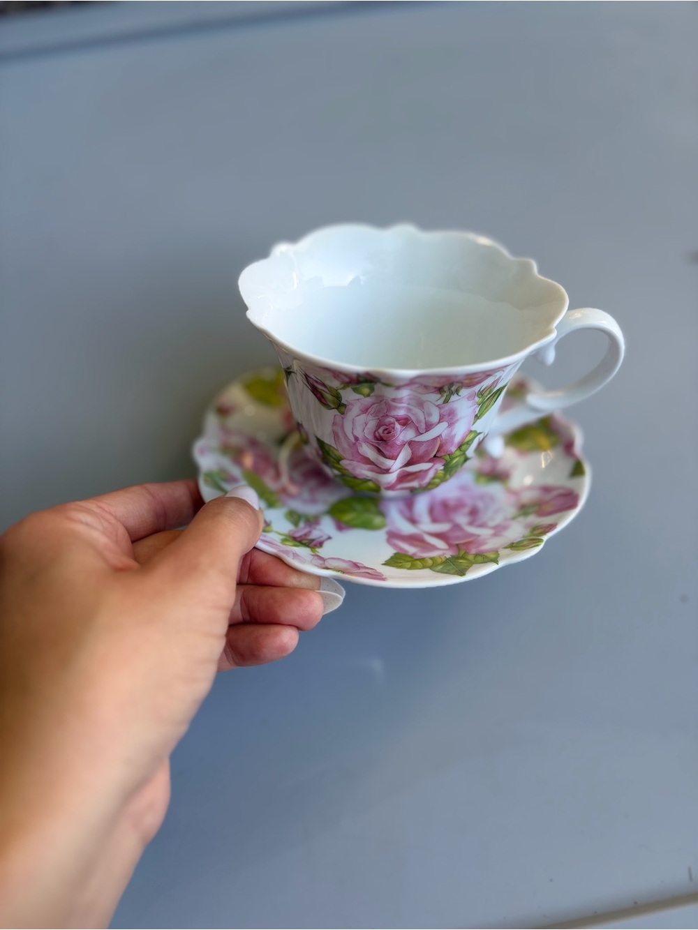 Porcelain Teacup and Saucer Set in Pink Rose Pattern